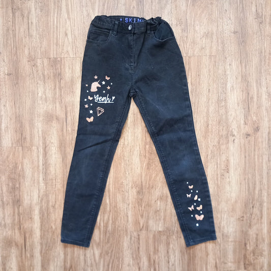 Black Glittery Pictures Jeans With Adjustable Waistband (some wear) - Girls 9-10 years - George