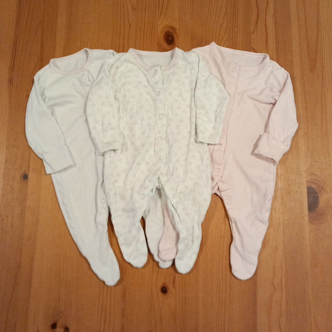3 x Light Pink & White Sleepsuits - Girls up to 3 months - TU