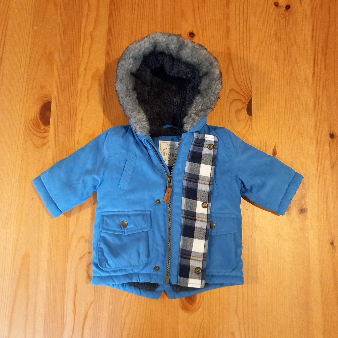 Blue Hooded Coat With Furry Inside - Boys 0-3 months - George