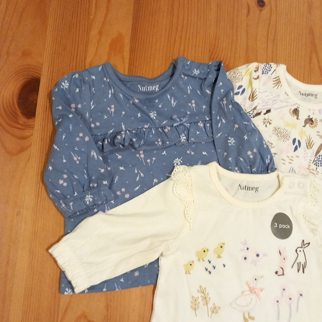 3 x Long Sleeve Nature Tops - Girls 0-3 months - Nutmeg