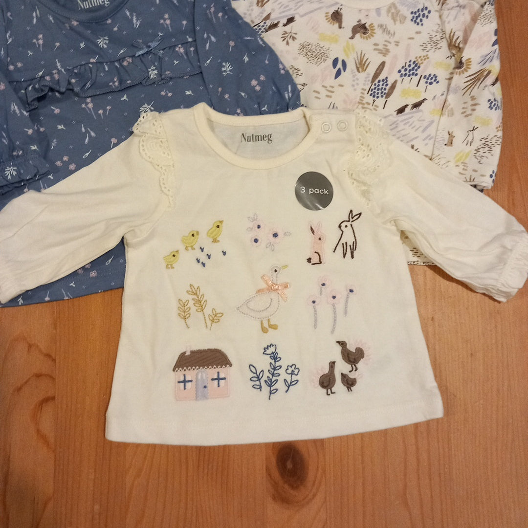 3 x Long Sleeve Nature Tops - Girls 0-3 months - Nutmeg