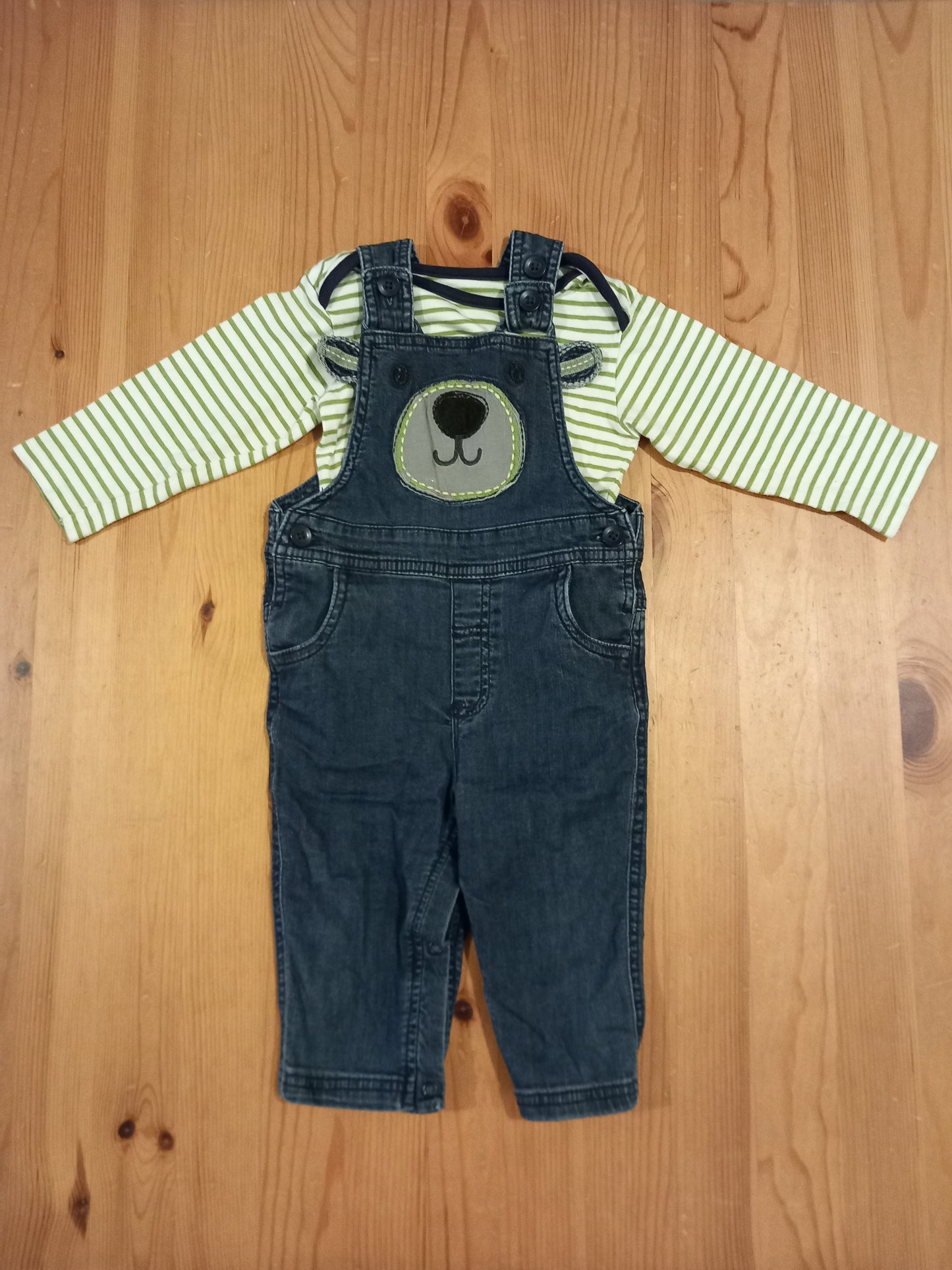 Denim Bear Dungarees & Striped Long Sleeve Top - Boys 9-12 months - M&S