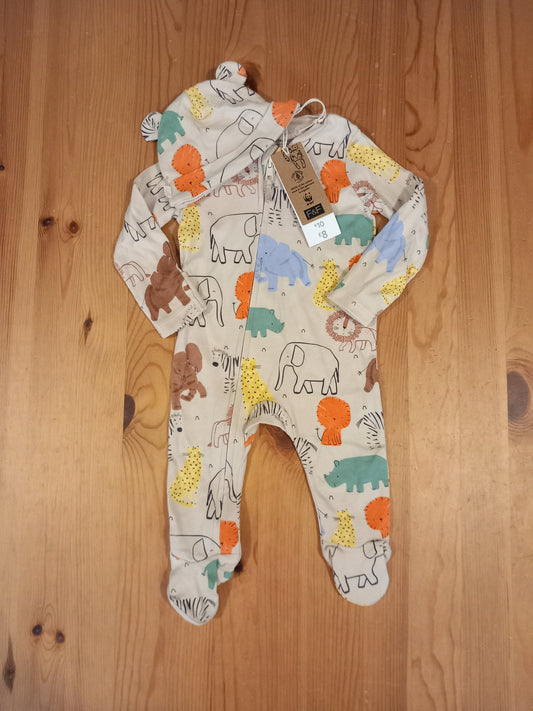 Animals WWF Zipped Sleepsuit & Hat (BNWT) - Unisex 3-6 months - F&F