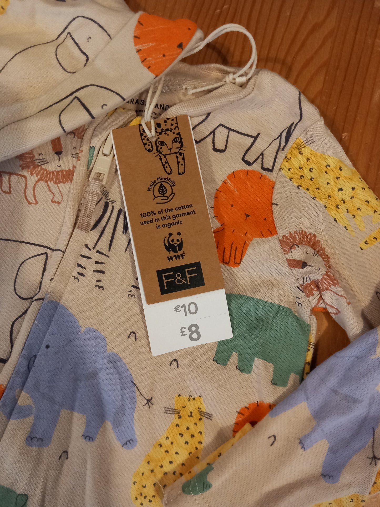 Animals WWF Zipped Sleepsuit & Hat (BNWT) - Unisex 3-6 months - F&F