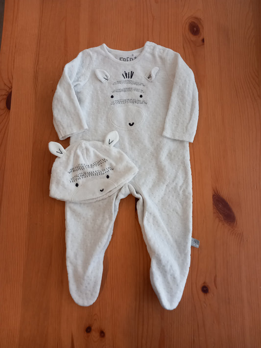 Soft Feel Zebra Sleepsuit & Hat - Unisex up to 3 months - F&F