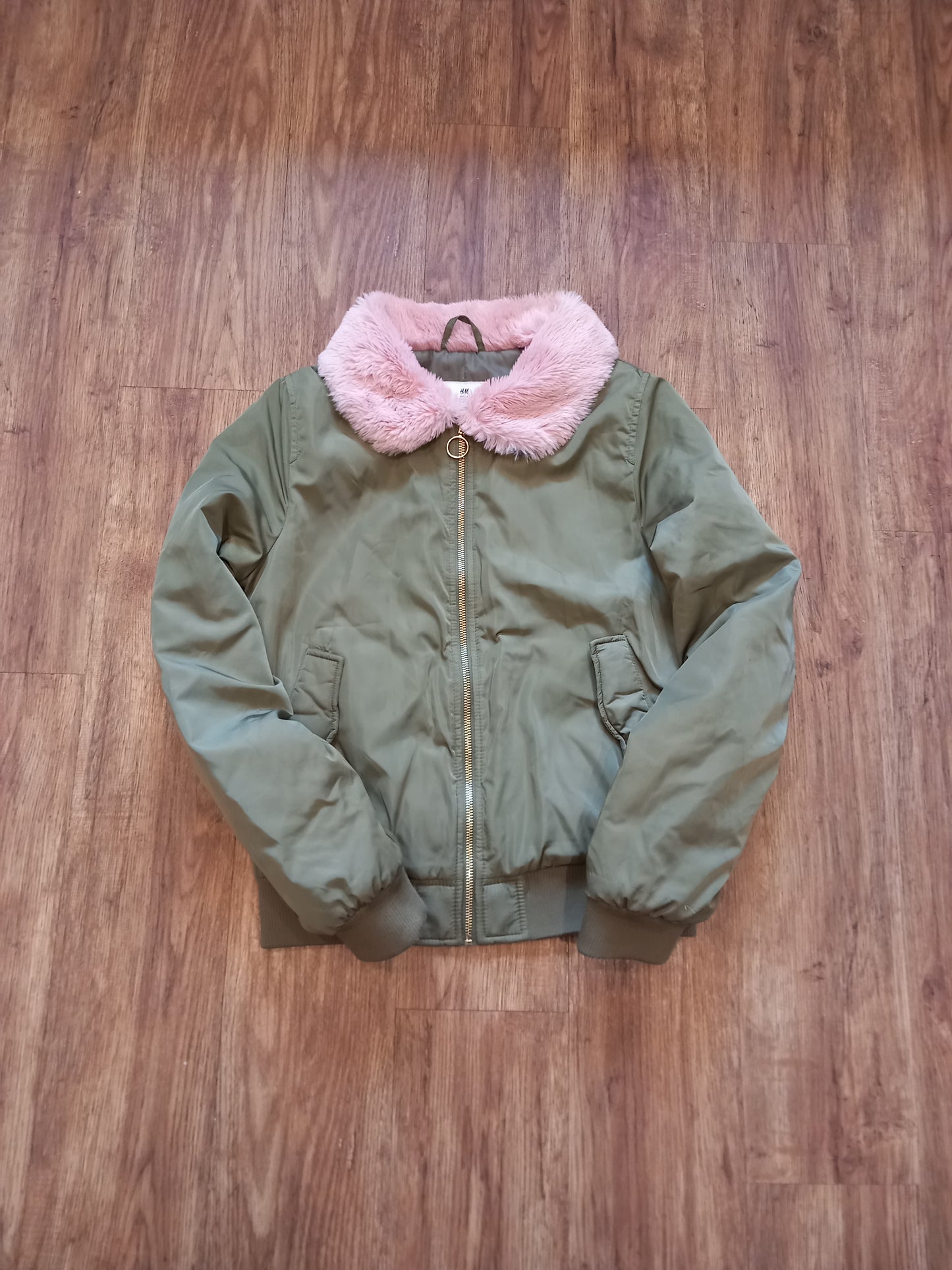 Green Coat With Pink Furry Collar - Girls 13-14 years - H&M