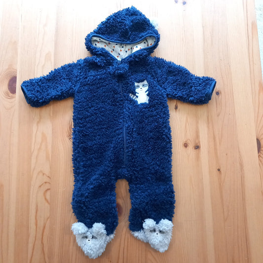 Navy Racoon Furry Pramsuit - Unisex 3-6 months - Chick pea