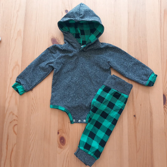 Green and Black Square Stretch Trousers And Grey Hoodie Style Bodysuit - Boys 3-6 months