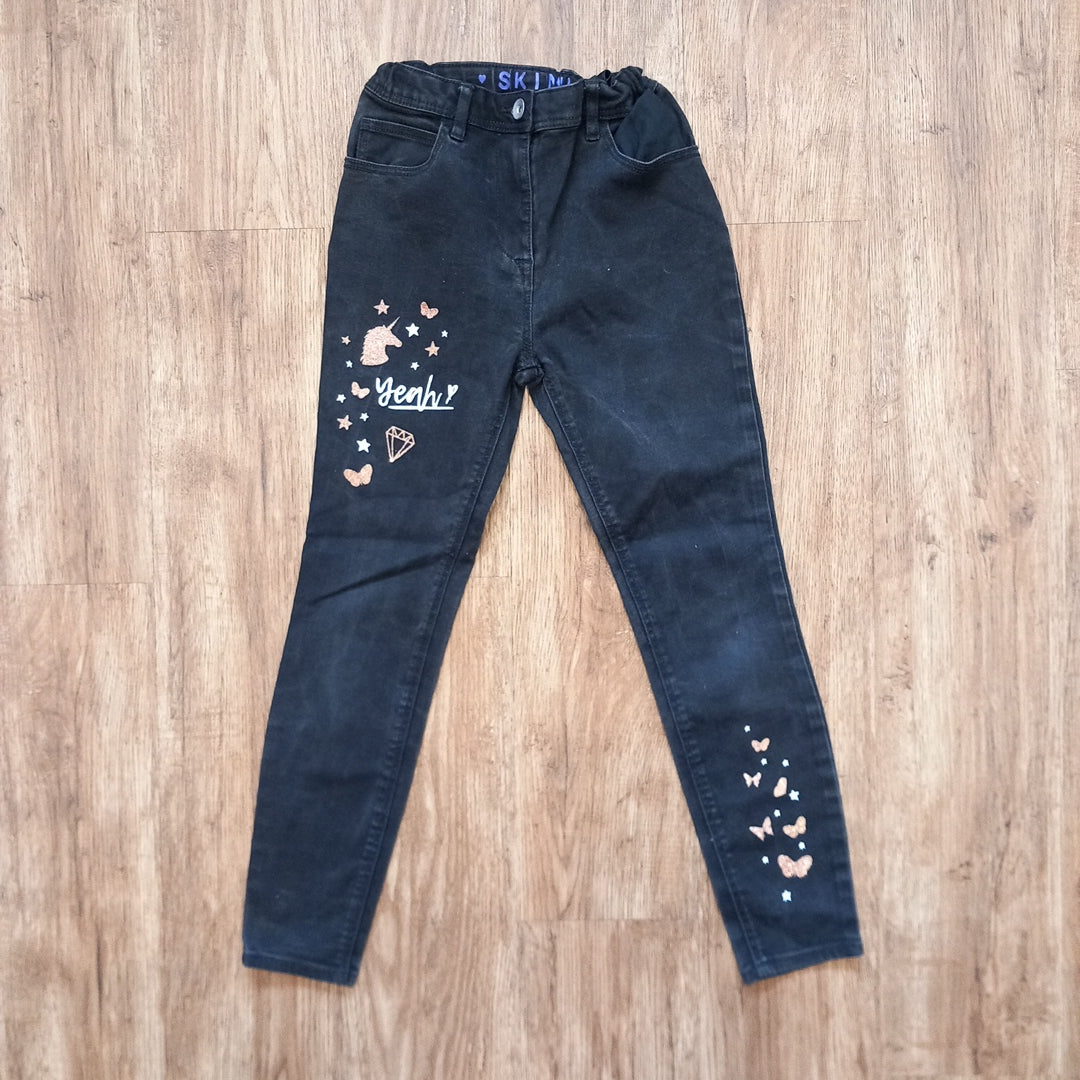 Black Glittery Pictures Jeans With Adjustable Waistband (some wear) - Girls 9-10 years - George