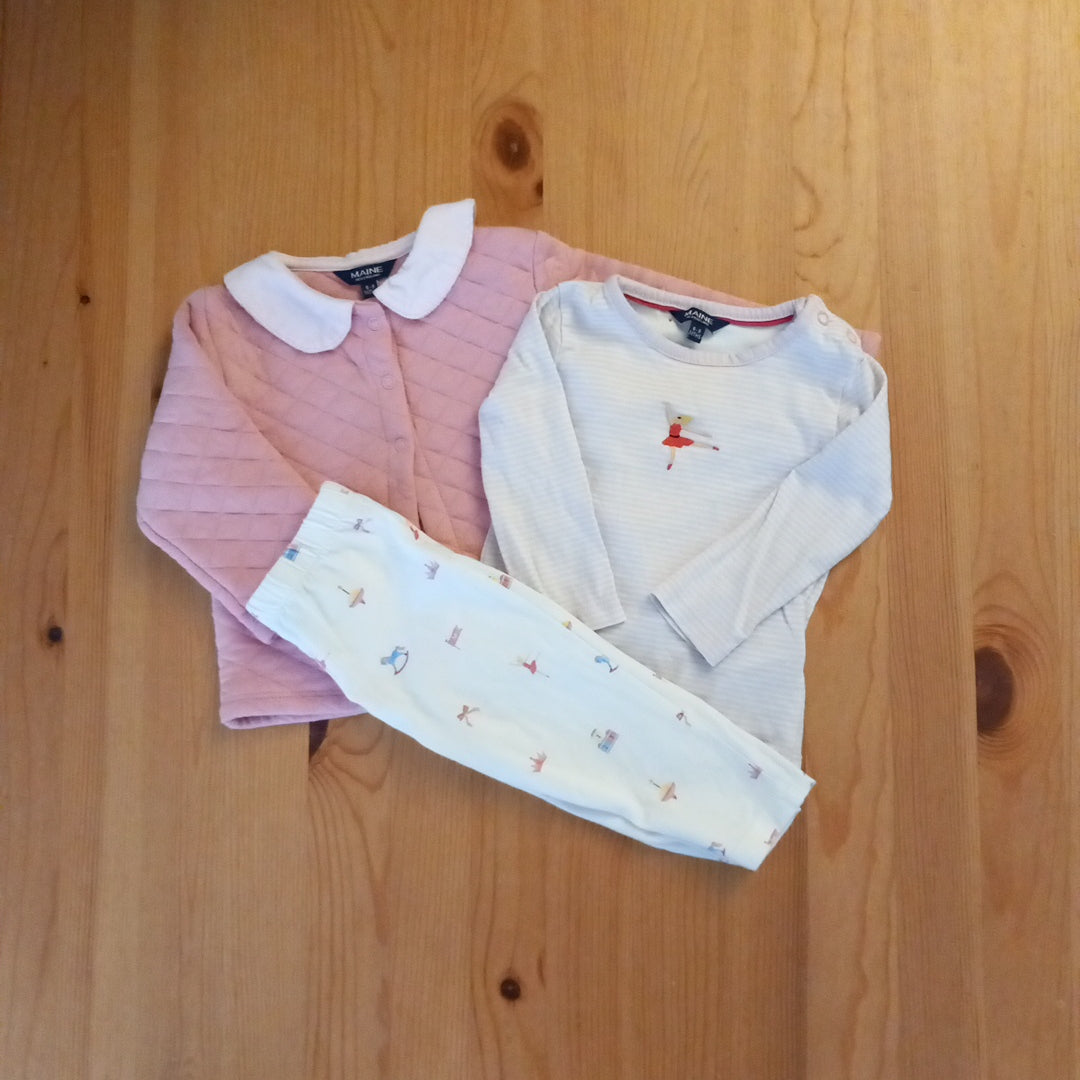 Pink Lightweight Quilted Jacket, Striped Ballerina Top & Toys Trousers - Girls 6-9 months - Maine