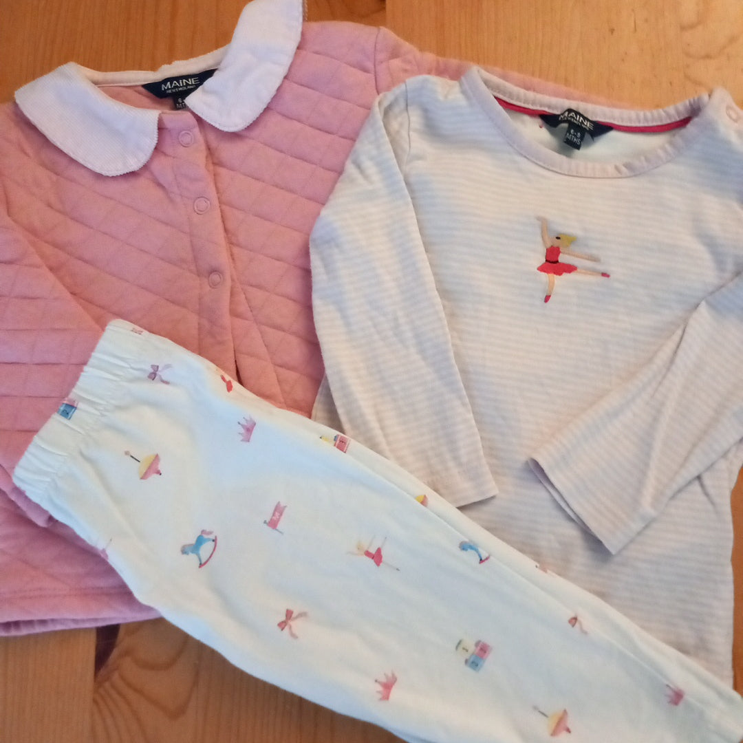Pink Lightweight Quilted Jacket, Striped Ballerina Top & Toys Trousers - Girls 6-9 months - Maine