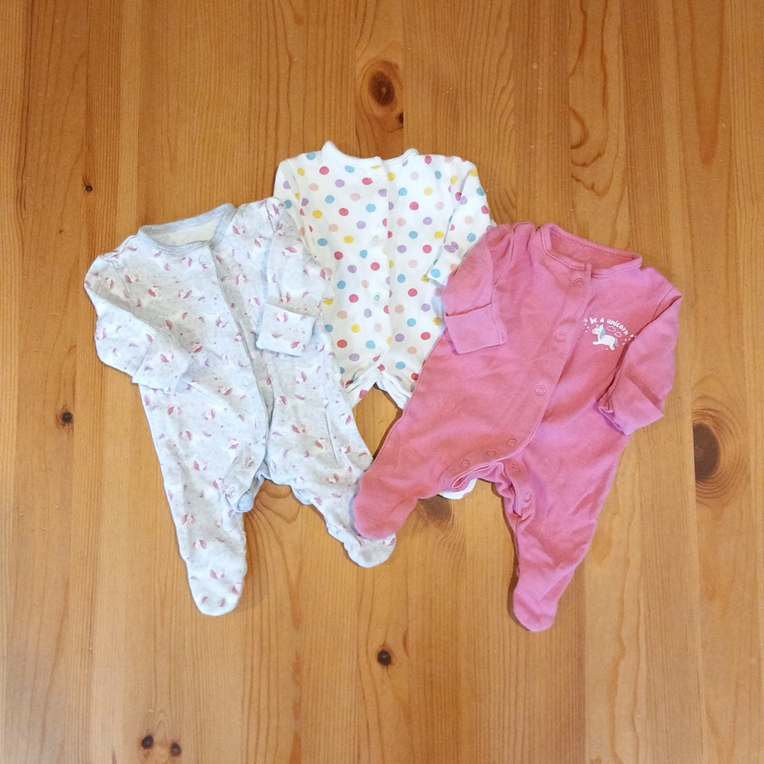 3 x Unicorn/Spotty Sleepsuits - Girls Newborn - Primark