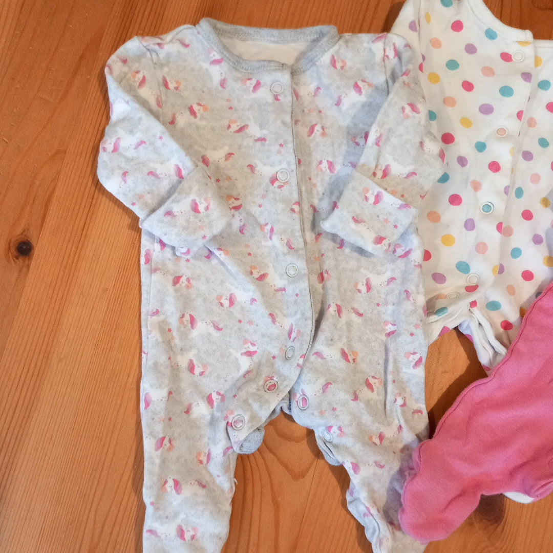 3 x Unicorn/Spotty Sleepsuits - Girls Newborn - Primark