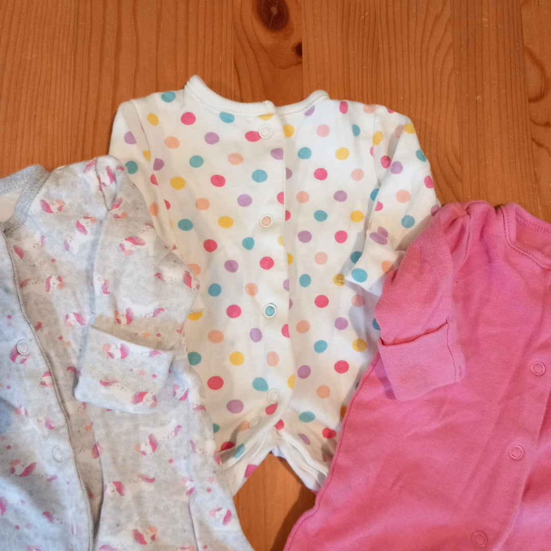 3 x Unicorn/Spotty Sleepsuits - Girls Newborn - Primark