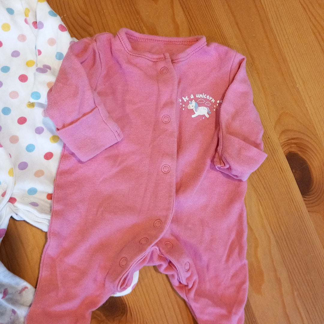 3 x Unicorn/Spotty Sleepsuits - Girls Newborn - Primark