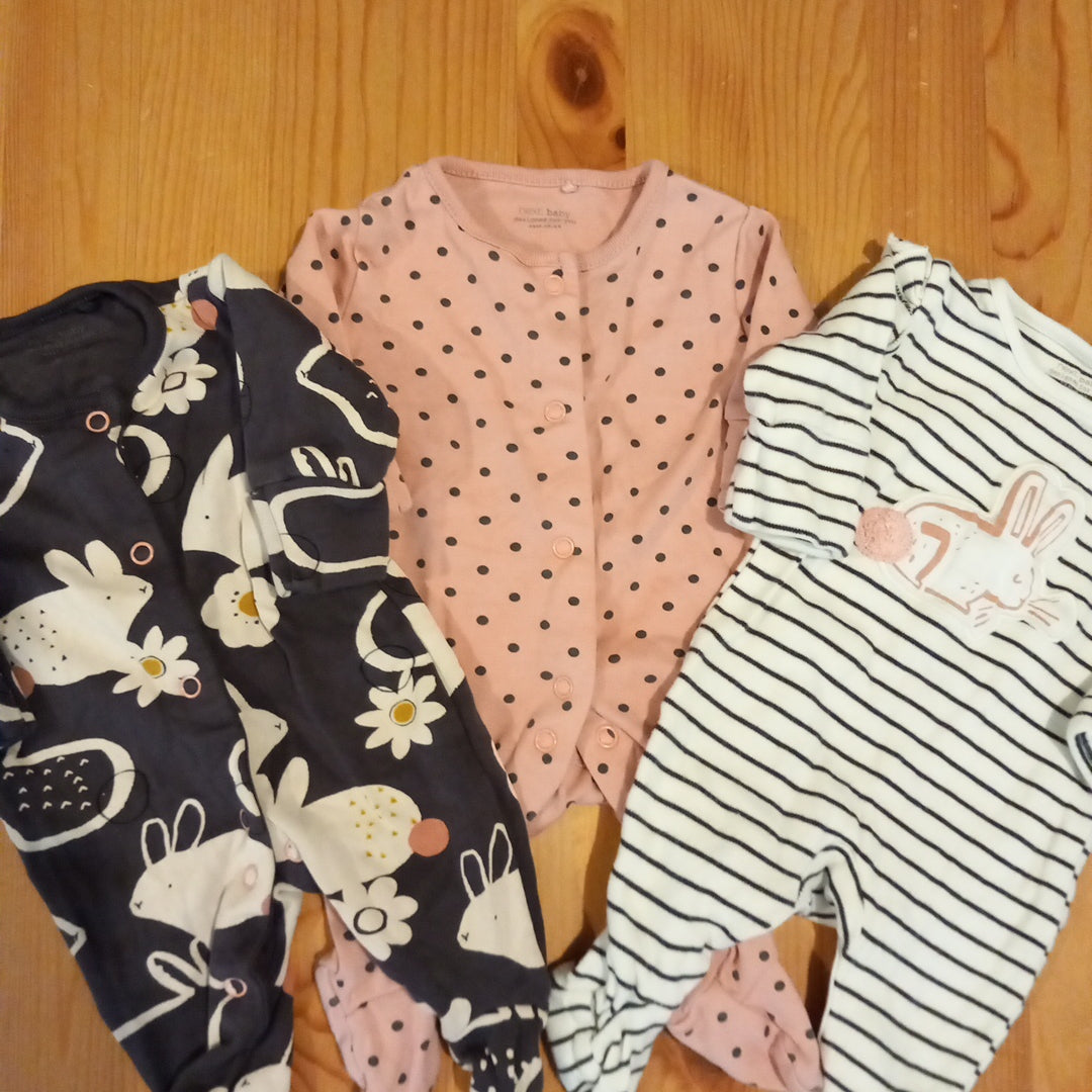 3 x Rabbits/Spotty Sleepsuits - Girls First Size - Next