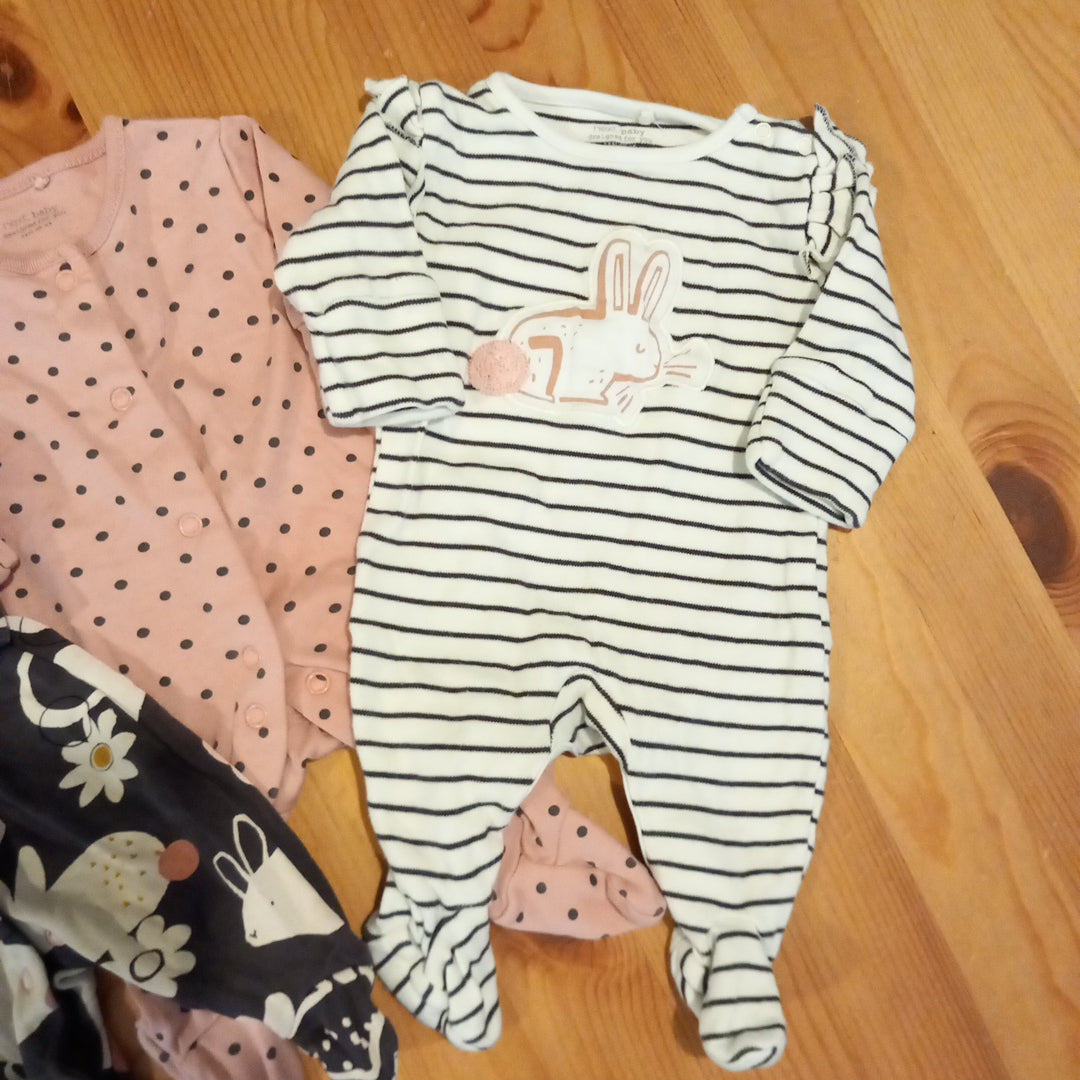 3 x Rabbits/Spotty Sleepsuits - Girls First Size - Next