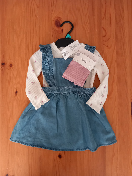 Denim Dress, Long Sleeve Floral Bodysuit & Ribbed Tights Set (BNWT) - Girls 9-12 months - F&F