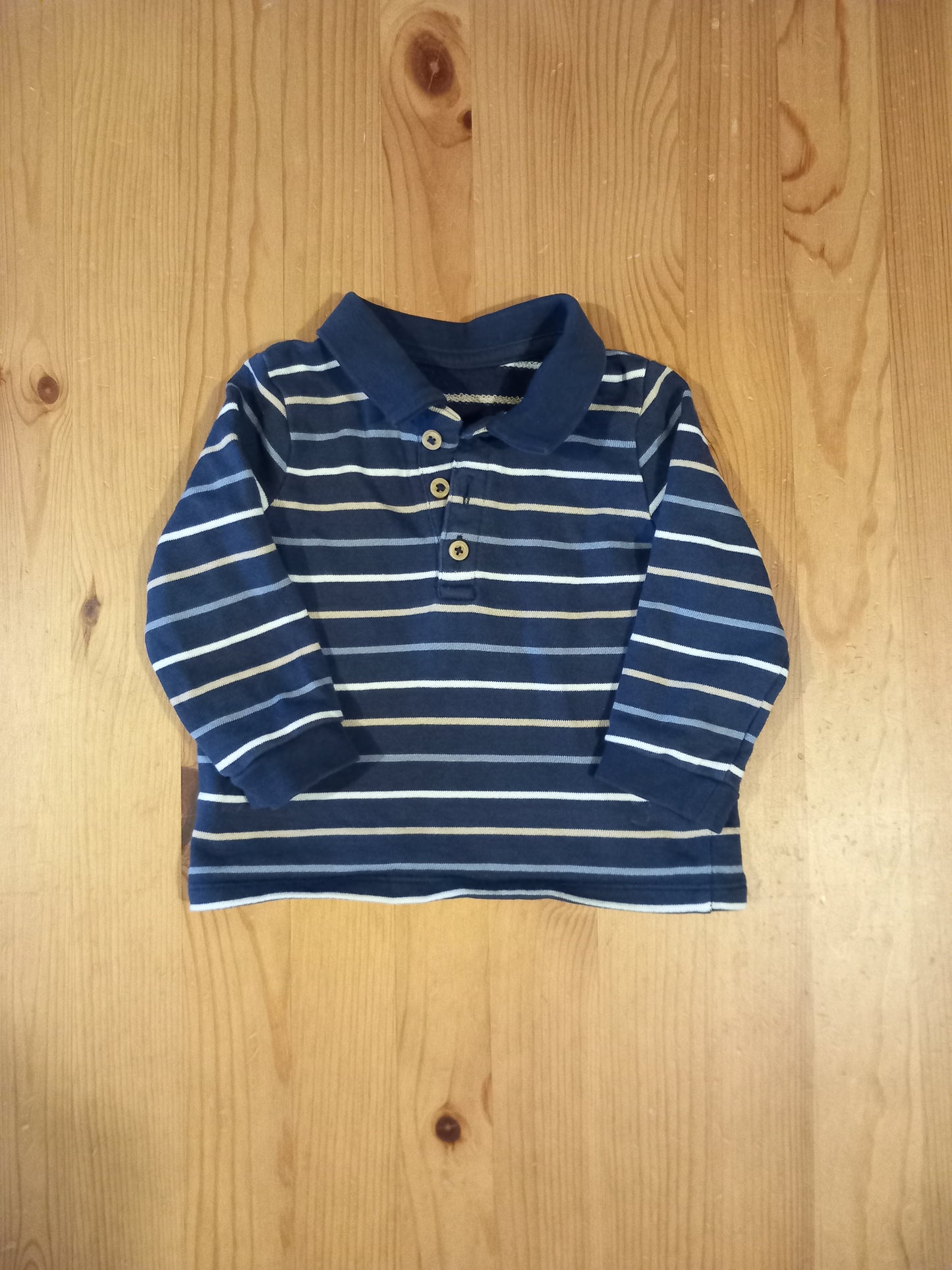Navy Striped Long Sleeve Polo Style Top - Boys 6-9 months - TU