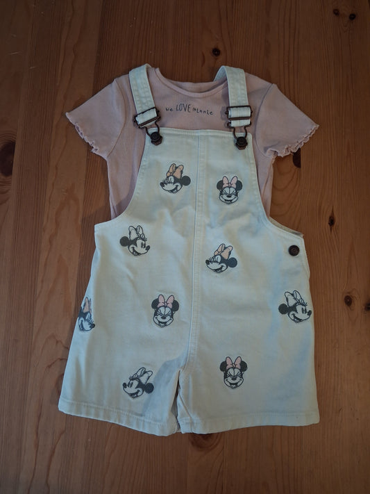 Mickey & Friends Denim Shorts Dungarees & Ribbed T-Shirt Set - Girls 3-4 years - F&F