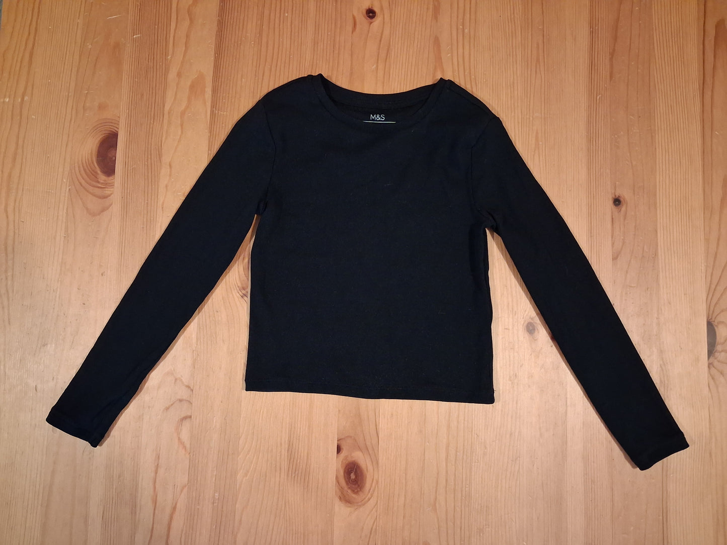 Black Ribbed Shorter Length/Cropped Long Sleeve Top - Girls 8-9 years - M&S