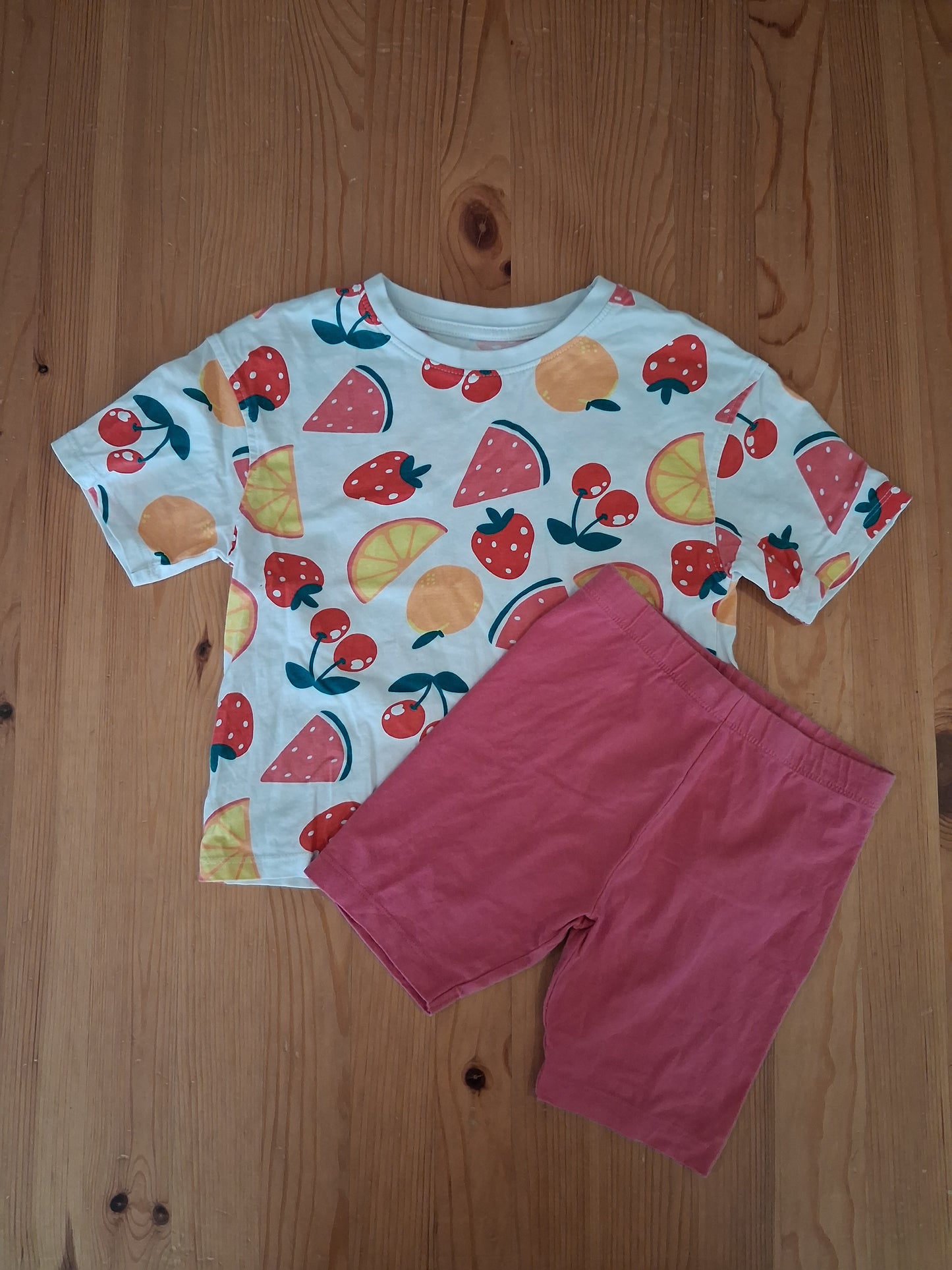Fruits T-Shirt & Pink Cycling Shorts Set - Girls 6-7 years -Primark