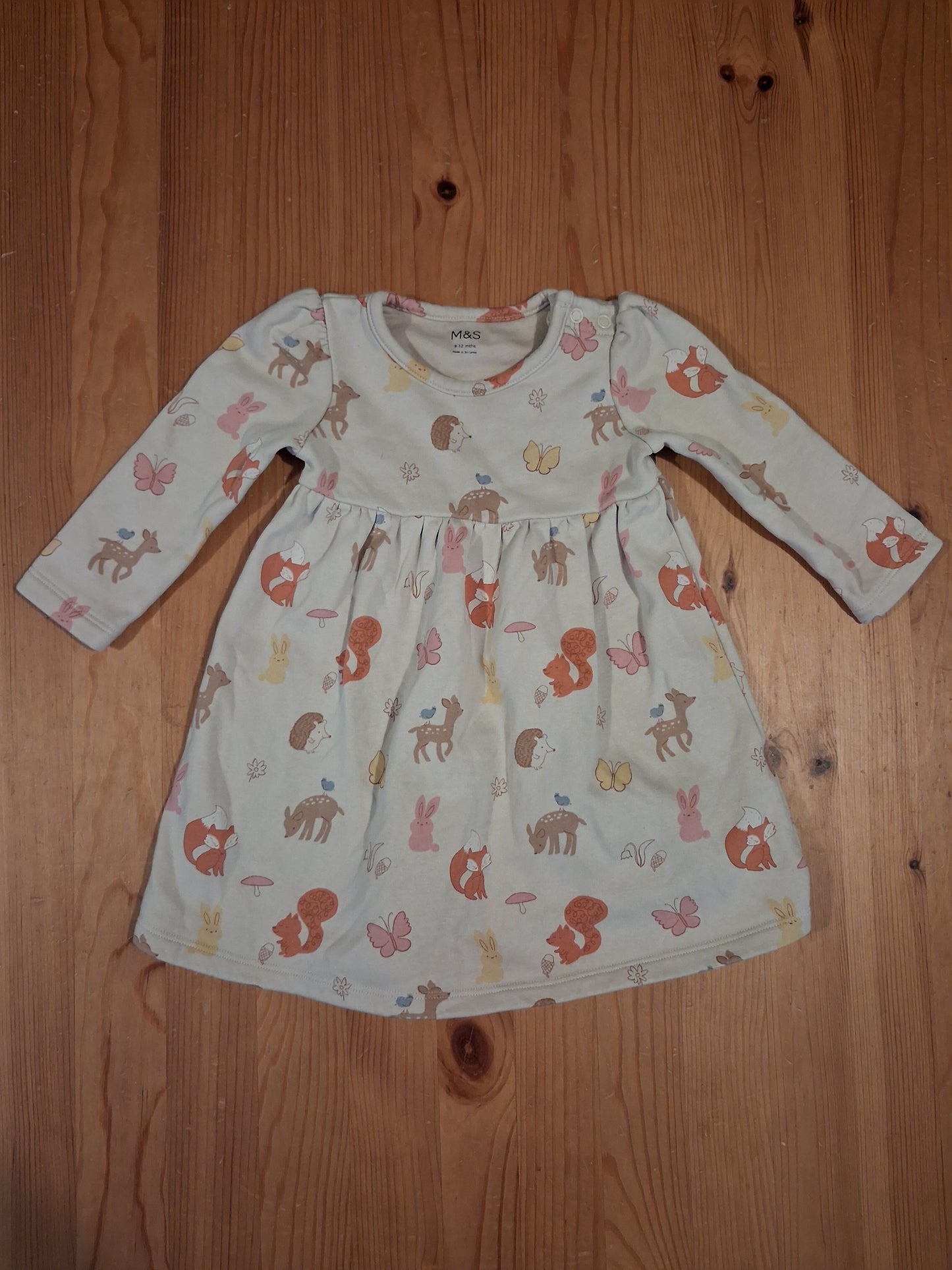 Woodland Animals Thick Long Sleeve Dress - Girls 9-12 months - M&S
