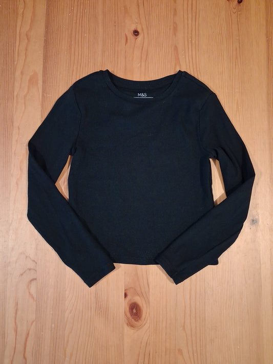 Black Ribbed Shorter Length/Cropped Long Sleeve Top - Girls 8-9 years - M&S
