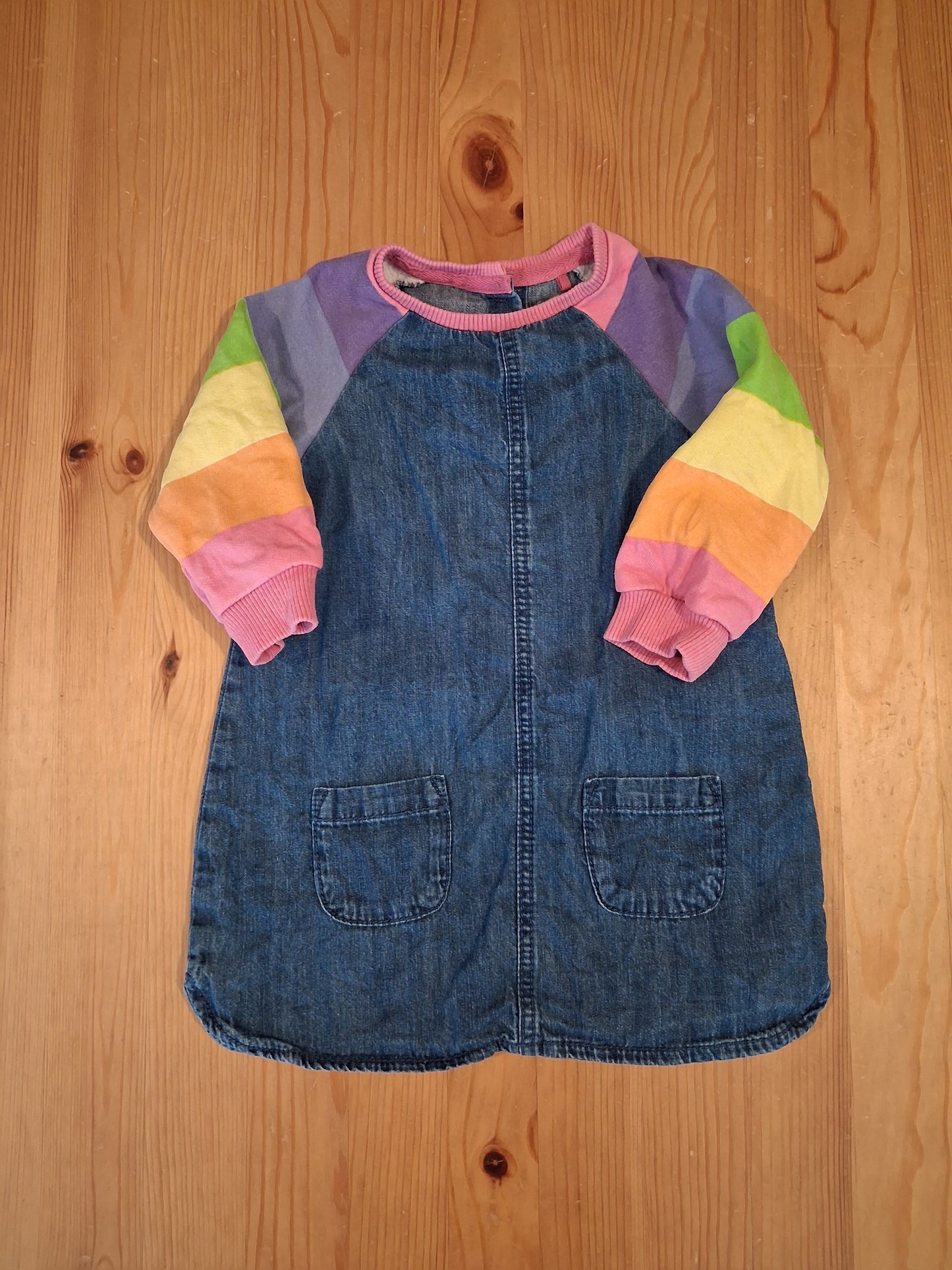 Denim Dress With Colourful Striped Sleeves - Girls 12-18 months - Next