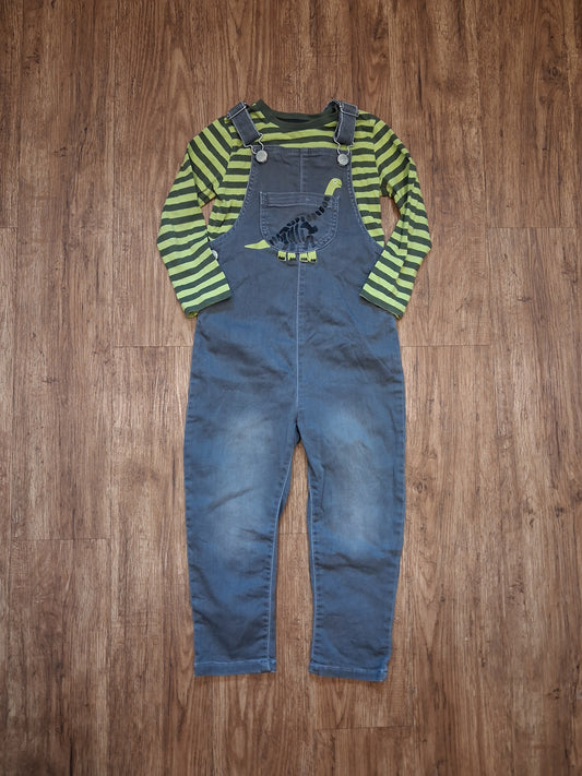 Dinosaur Dungarees & Striped Long Sleeve Top Set - Boys 3-4 years - Mothercare