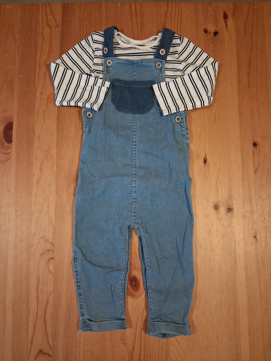 Denim Dungarees & Long Sleeve Striped Bodysuit Set - Boys 18-24 months - TU