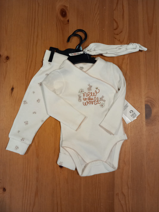 'New To The World' Long Sleeve Bodysuit, Floral Ribbed Trousers & Headband Set (BNWT) - Girls 6-9 months - F&F