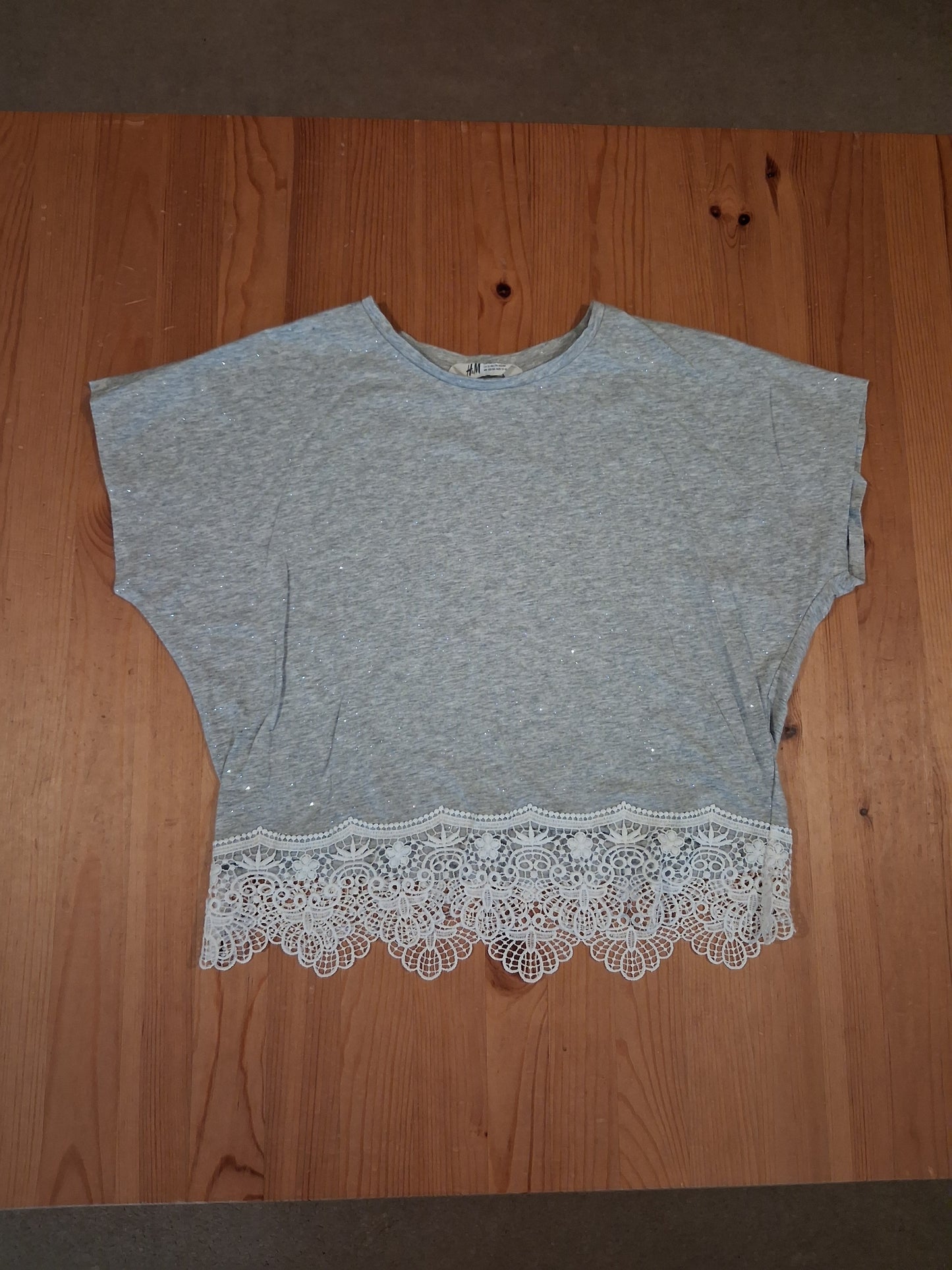 Grey Glittery Oversized Shorter Length/Cropped T-Shirt - Girls 12-14 years - H&M