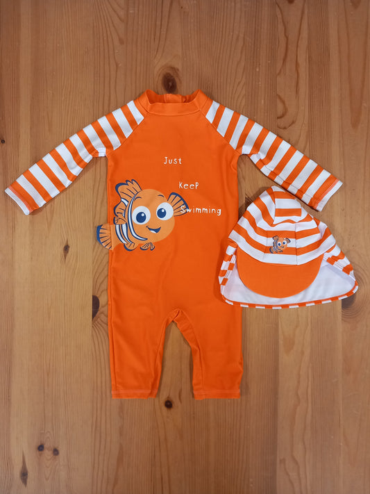 Nemo Sun/Beach/Swimsuit & Hat With Neck Protection - Unisex 3-6 months - Disney Baby at George