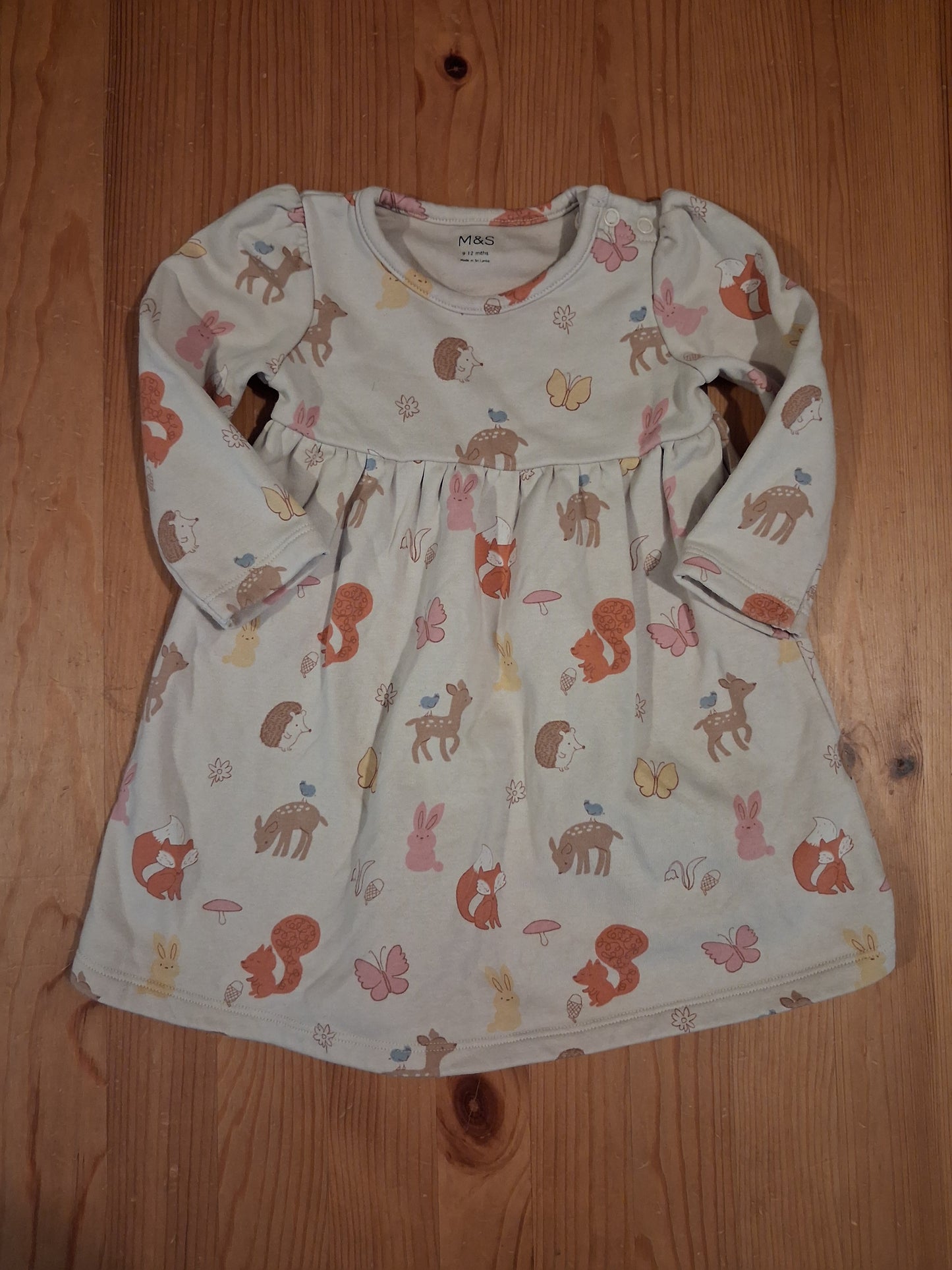Woodland Animals Thick Long Sleeve Dress - Girls 9-12 months - M&S